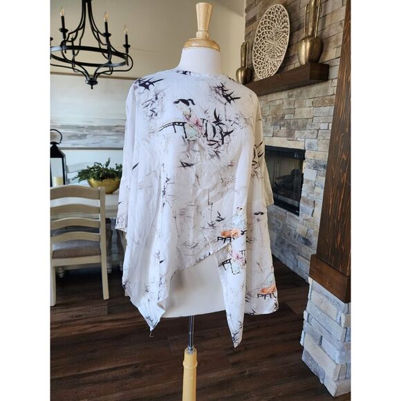 Buykud Womens Top Shirt Size M/L‎ Oversized White Oriental Tencel Linen Tunic - Picture 1 of 9